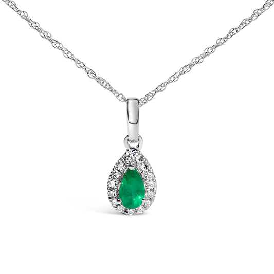10K White Gold 5x3mm Green Emerald and Diamond Accent Halo Pear Shape 18" Pendant Necklace (I-J Color, I1-I2 Clarity) Bids.com