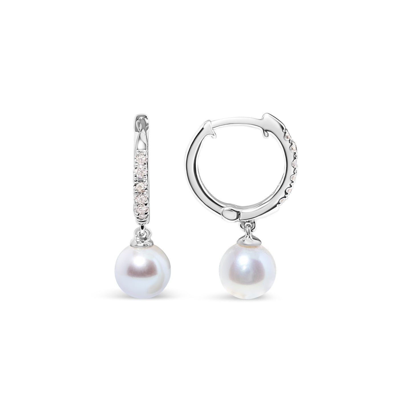 10K White Gold 6x6 MM Cultured Freshwater Pearl and Diamond Accent Drop Huggy Earring (H-I Color, I1-I2 Clarity) Bids.com