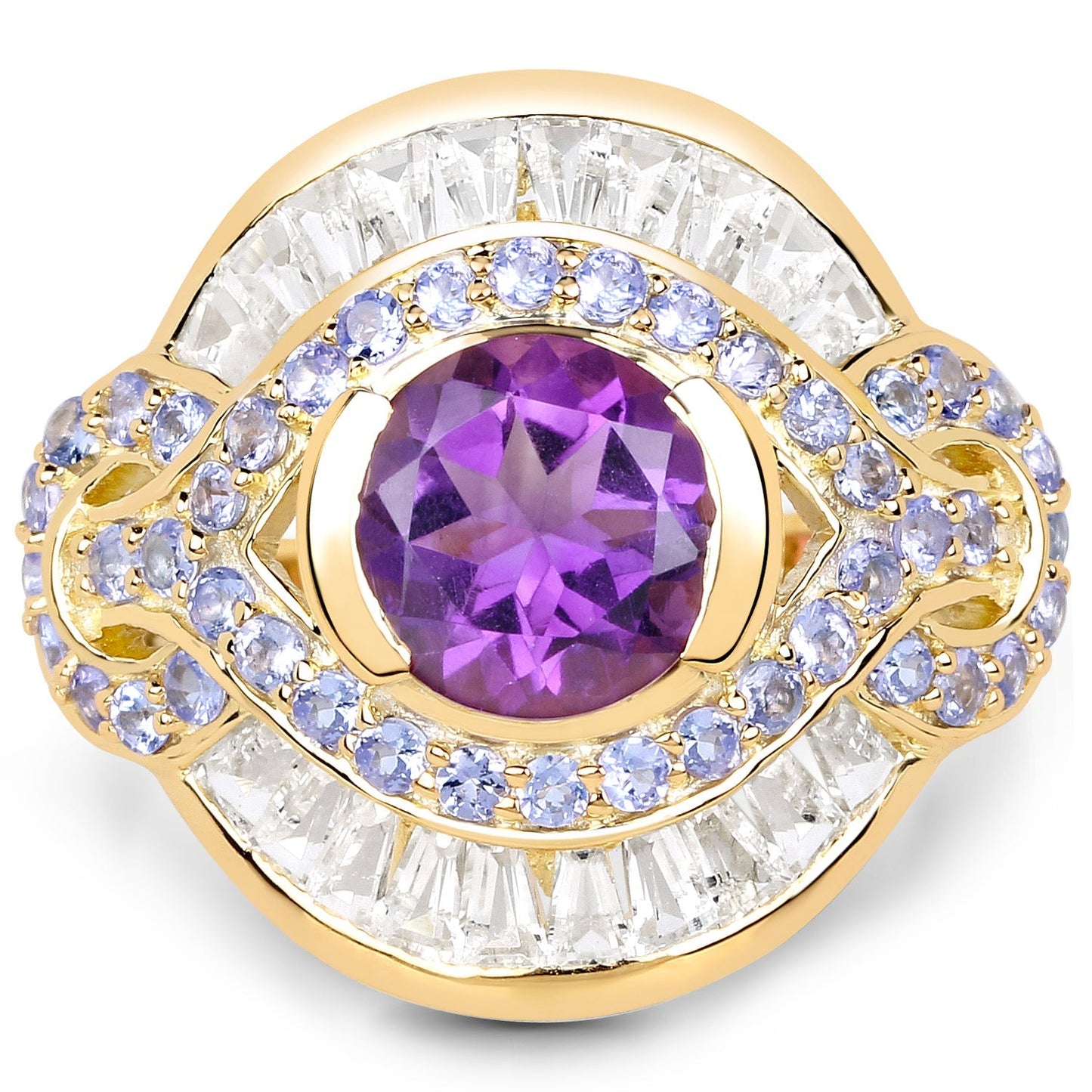 14K Yellow Gold Plated 3.93 Carat Genuine Amethyst, Tanzanite and White Topaz .925 Sterling Silver Ring Bids.com