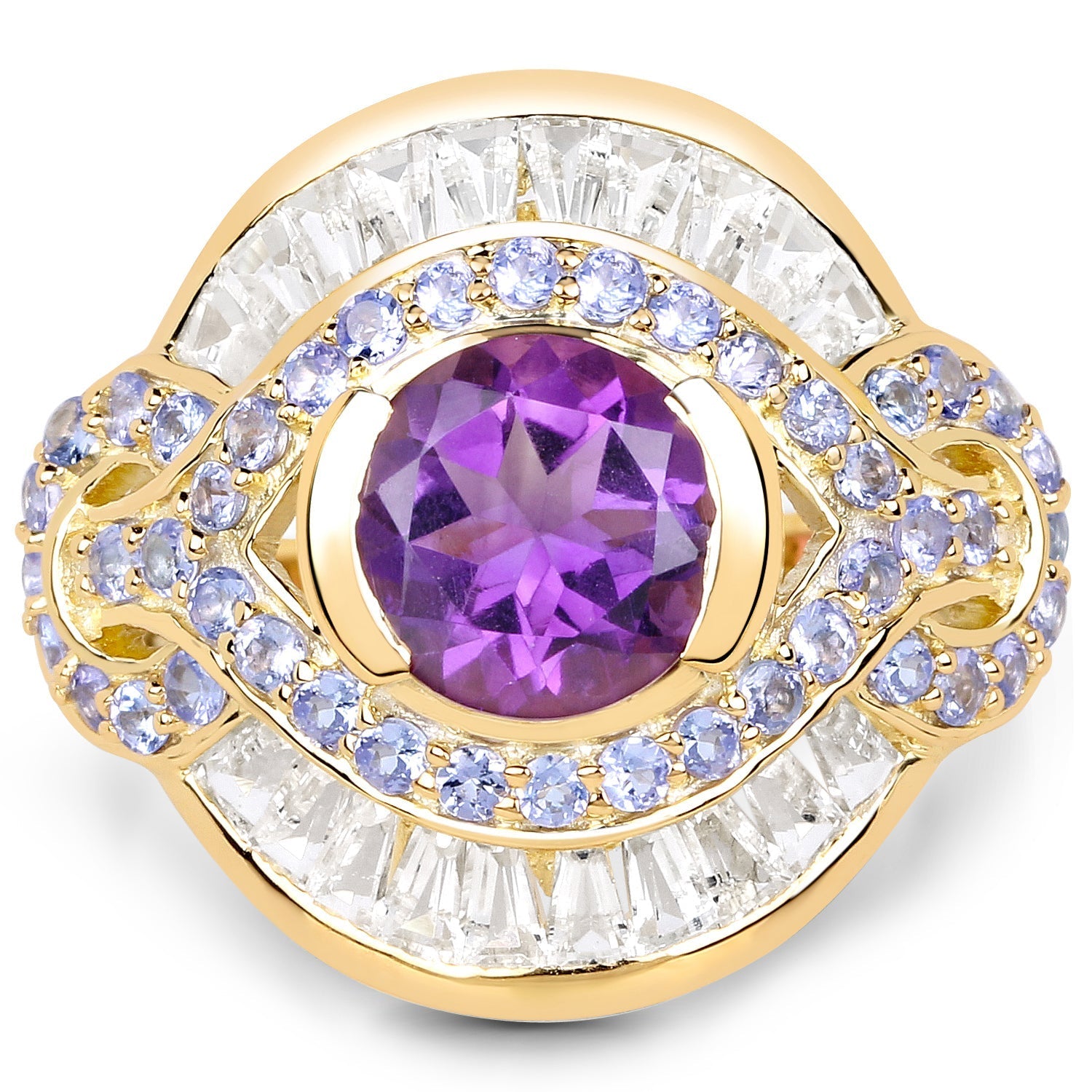 14K Yellow Gold Plated 3.93 Carat Genuine Amethyst, Tanzanite and White Topaz .925 Sterling Silver Ring Bids.com