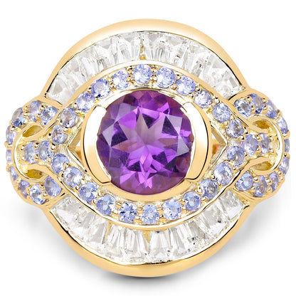 14K Yellow Gold Plated 3.93 Carat Genuine Amethyst, Tanzanite and White Topaz .925 Sterling Silver Ring Bids.com