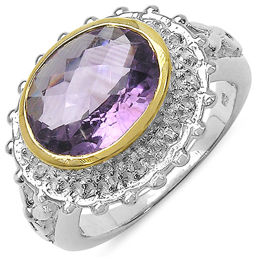 Two Tone Plated 4.36 Carat Genuine Amethyst & White Topaz .925 Sterling Silver Ring Bids.com