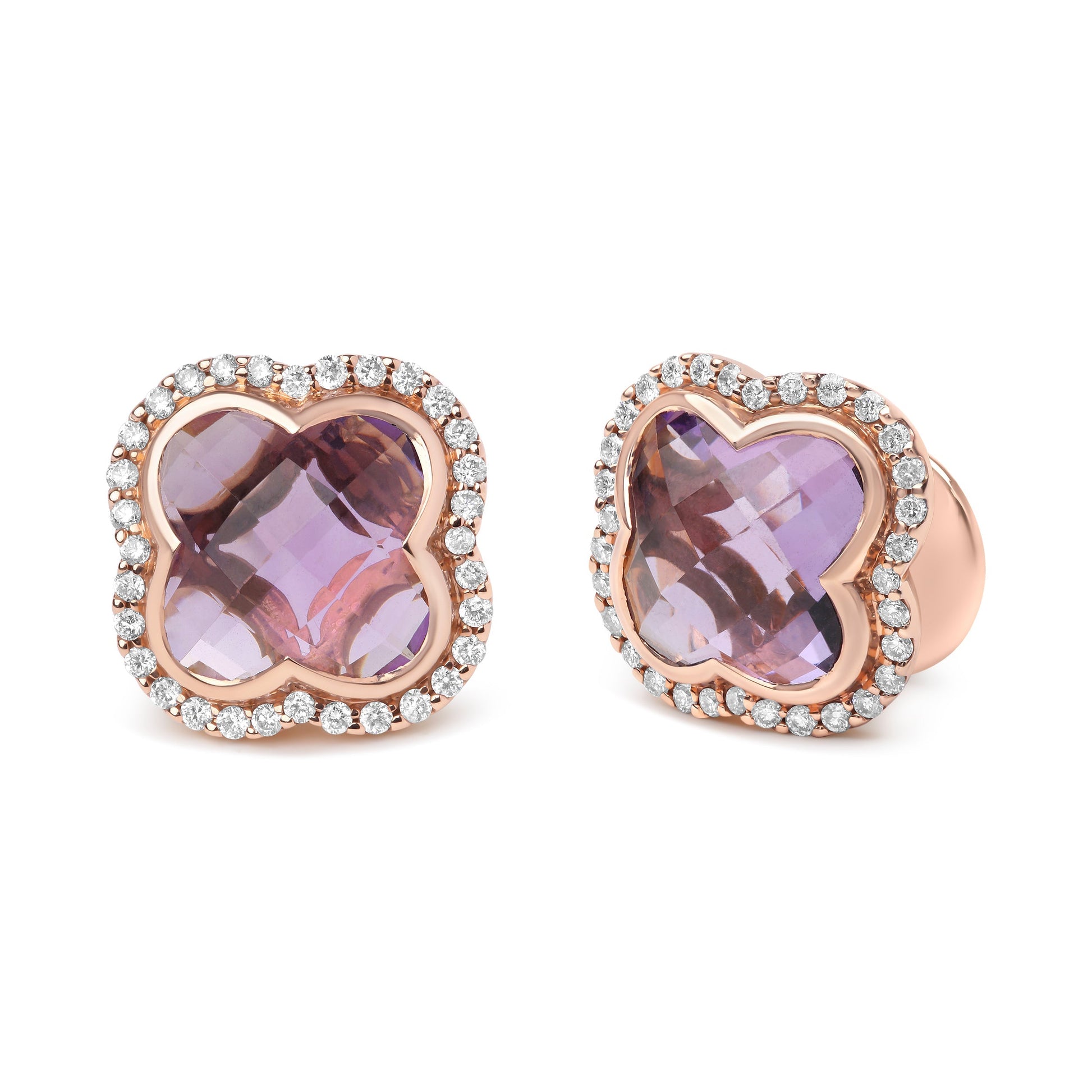 18K Rose Gold 3/8 Cttw Diamond and 11x11mm Clover-Cut Purple Amethyst Gemstone Clover Halo Stud Earrings (G-H Color, SI1-SI2 Clarity) Bids.com