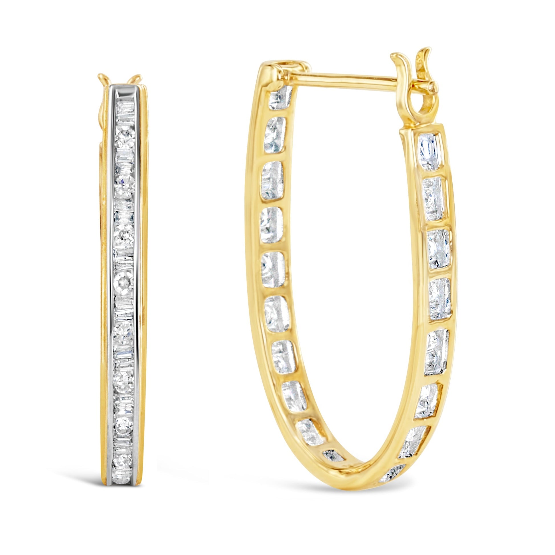10K Yellow Gold 1.00 Cttw Round and Baguette-Cut Diamond U-Hoop Earrings (H-I Color, SI2-I1 Clarity) Bids.com
