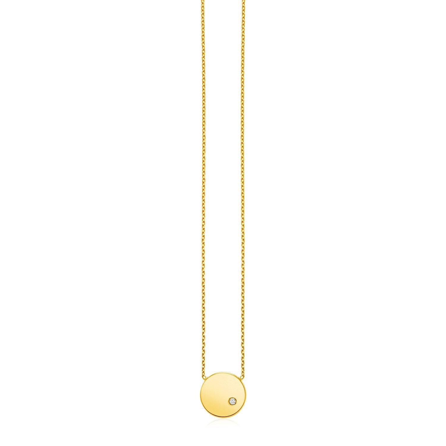 14k Yellow Gold Necklace with Polished Round Pendant with Diamond Bids.com