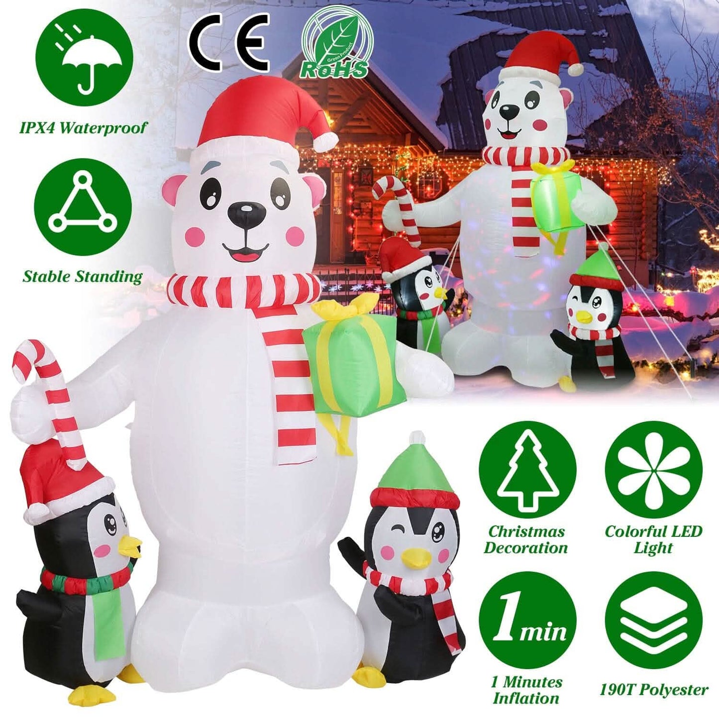 5.9Ft Christmas Inflatable Polar Bear and Penguin Blow Up Yard Outdoor Decoration with LED DailySale