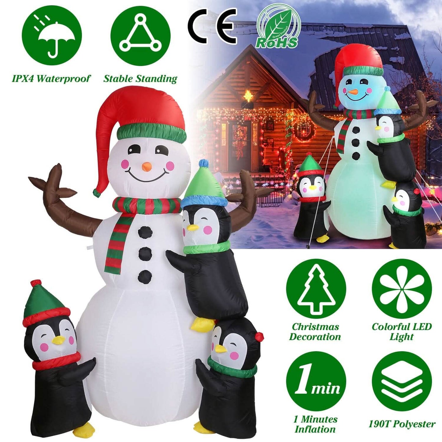 5.9Ft Snowman and Penguin Blow Up Yard Decoration with LED Light Built-in Air Blower DailySale