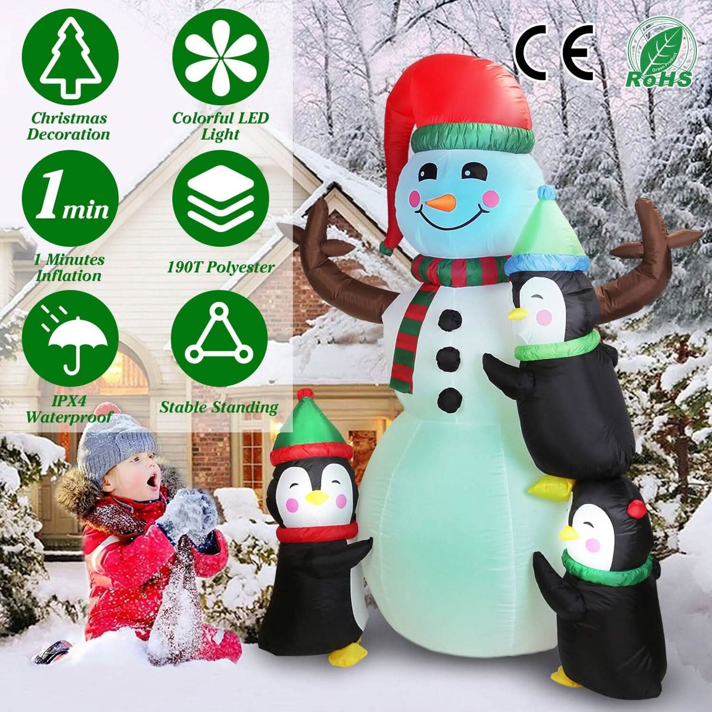 5.9Ft Snowman and Penguin Blow Up Yard Decoration with LED Light Built-in Air Blower DailySale