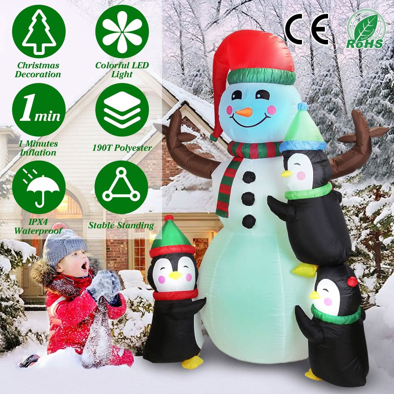 5.9Ft Snowman and Penguin Blow Up Yard Decoration with LED Light Built-in Air Blower DailySale