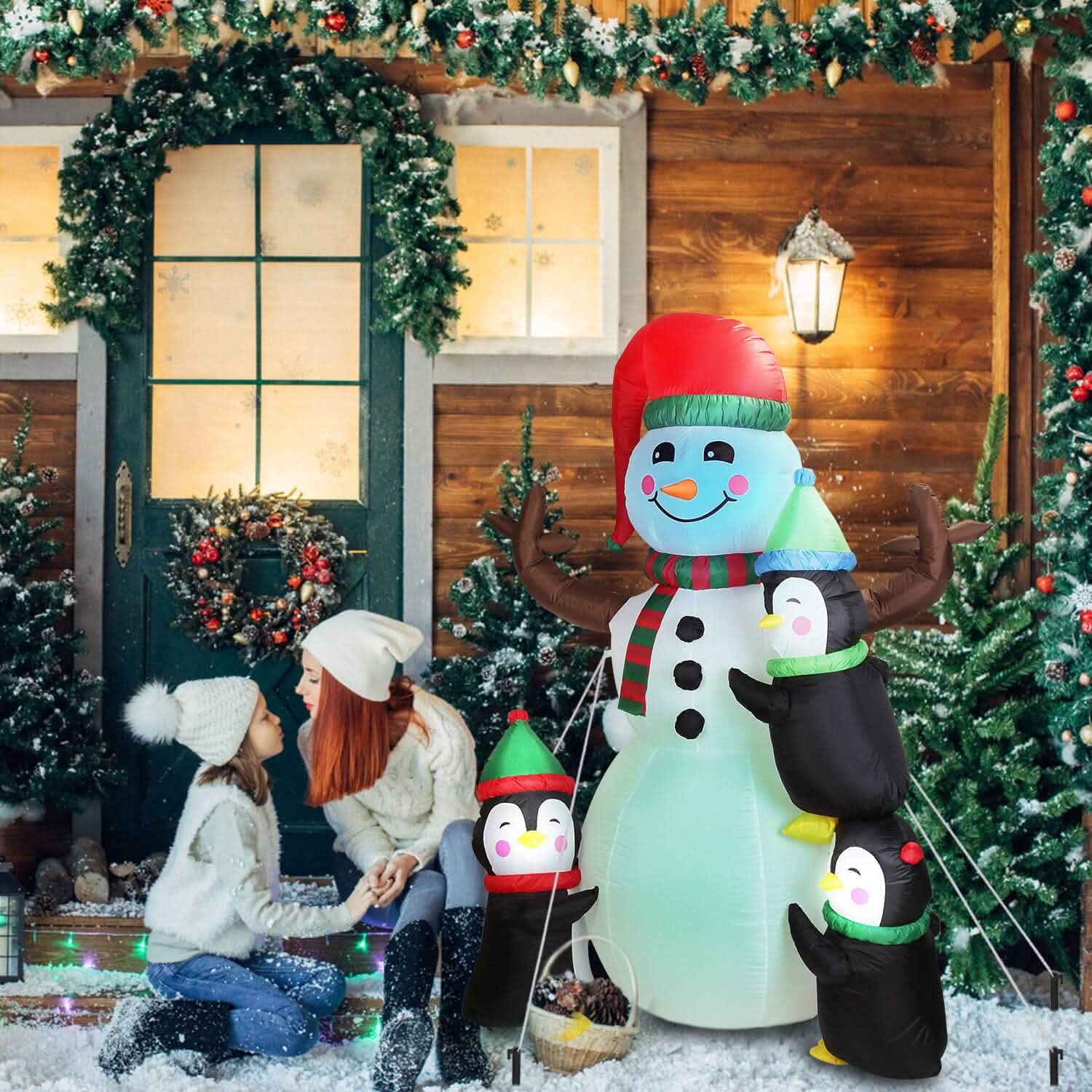 5.9Ft Snowman and Penguin Blow Up Yard Decoration with LED Light Built-in Air Blower DailySale