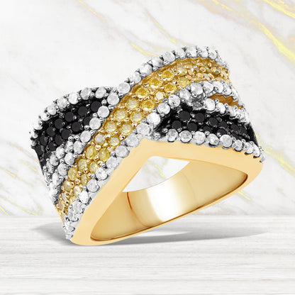 14K Yellow Gold Plated 1.58 Carat Genuine Black Diamond, White Diamond & Yellow Diamond .925 Sterling Silver Ring Bids.com