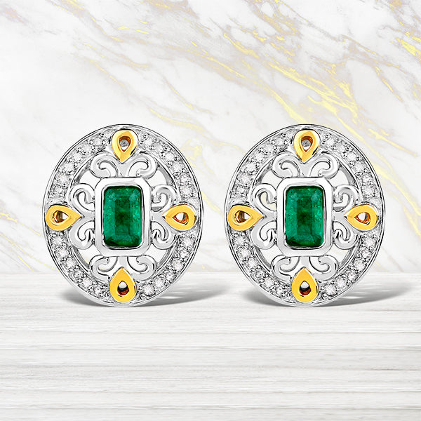0.69 Carat Genuine Zambian Emerald and White Diamond .925 Sterling Silver Earrings Bids.com