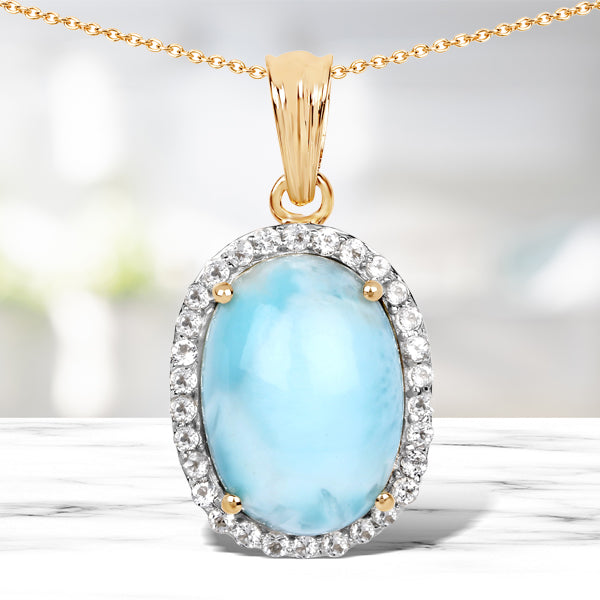 14K Yellow Gold Plated 13.55 Carat Genuine Larimar and White Topaz .925 Sterling Silver Pendant Bids.com