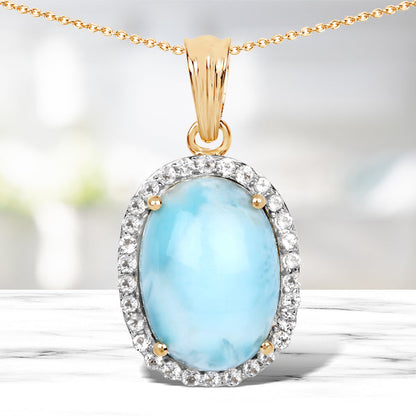 14K Yellow Gold Plated 13.55 Carat Genuine Larimar and White Topaz .925 Sterling Silver Pendant Bids.com