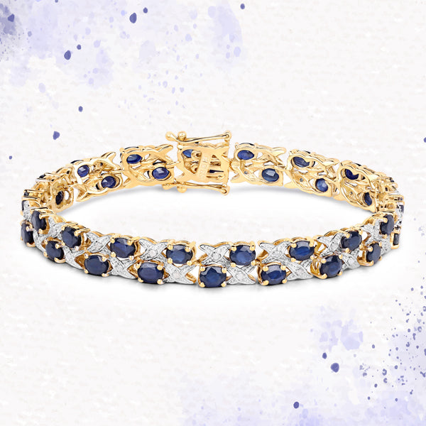 14K Yellow Gold Plated 12.53 Carat Genuine Blue Sapphire and White Diamond .925 Sterling Silver Bracelet Bids.com
