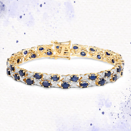 14K Yellow Gold Plated 12.53 Carat Genuine Blue Sapphire and White Diamond .925 Sterling Silver Bracelet Bids.com