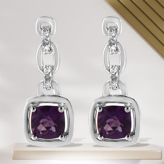 .925 Sterling Silver 6x6MM Cushion Shaped Natural Purple Amethyst and Diamond Accent Drop and Dangle Earrings (I-J Color, I1-I2 Clarity) Bids.com