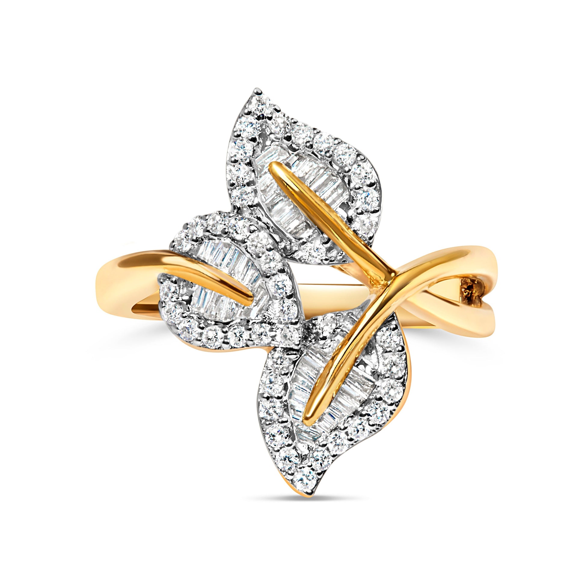 18K Yellow and White Gold Plated .925 Sterling Silver 3/8 Cttw Baguette and Round Diamond Bypass Triple Leaf Ring (I-J Color, I1-I2 Clarity) - Size 7 Bids.com