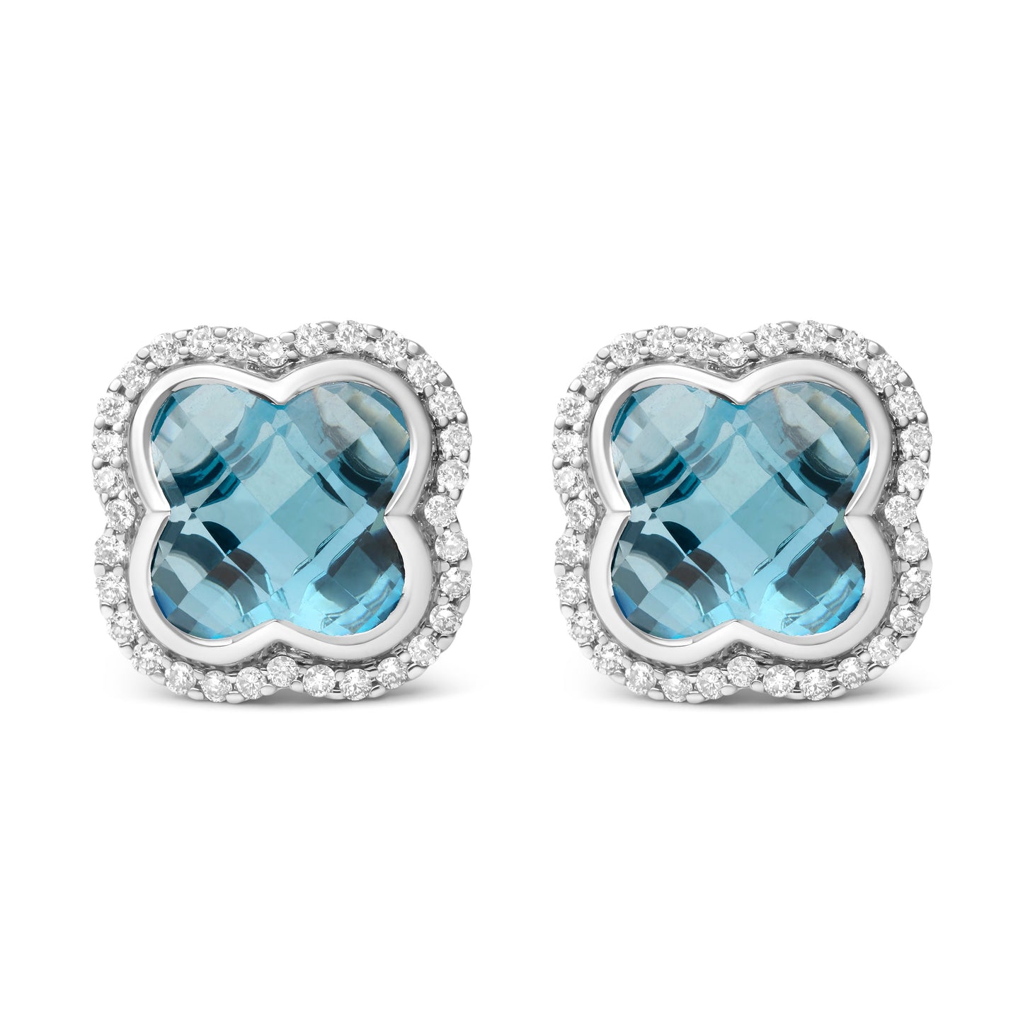 18K White Gold 3/8 Cttw Diamond and 11x11mm Clover-Cut London Blue Topaz Gemstone Halo Clover Stud Earrings (G-H Color, SI1-SI2 Clarity) Bids.com