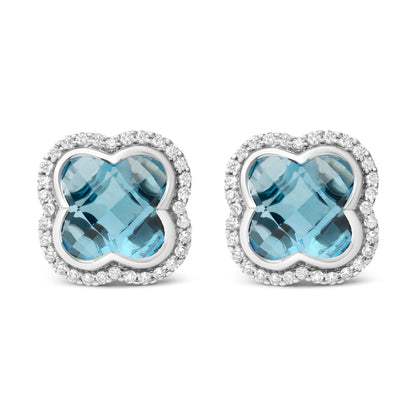 18K White Gold 3/8 Cttw Diamond and 11x11mm Clover-Cut London Blue Topaz Gemstone Halo Clover Stud Earrings (G-H Color, SI1-SI2 Clarity) Bids.com