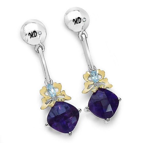 3.79 Carat Genuine Amethyst, Blue Topaz & White Diamond .925 Sterling Silver Earrings Bids.com
