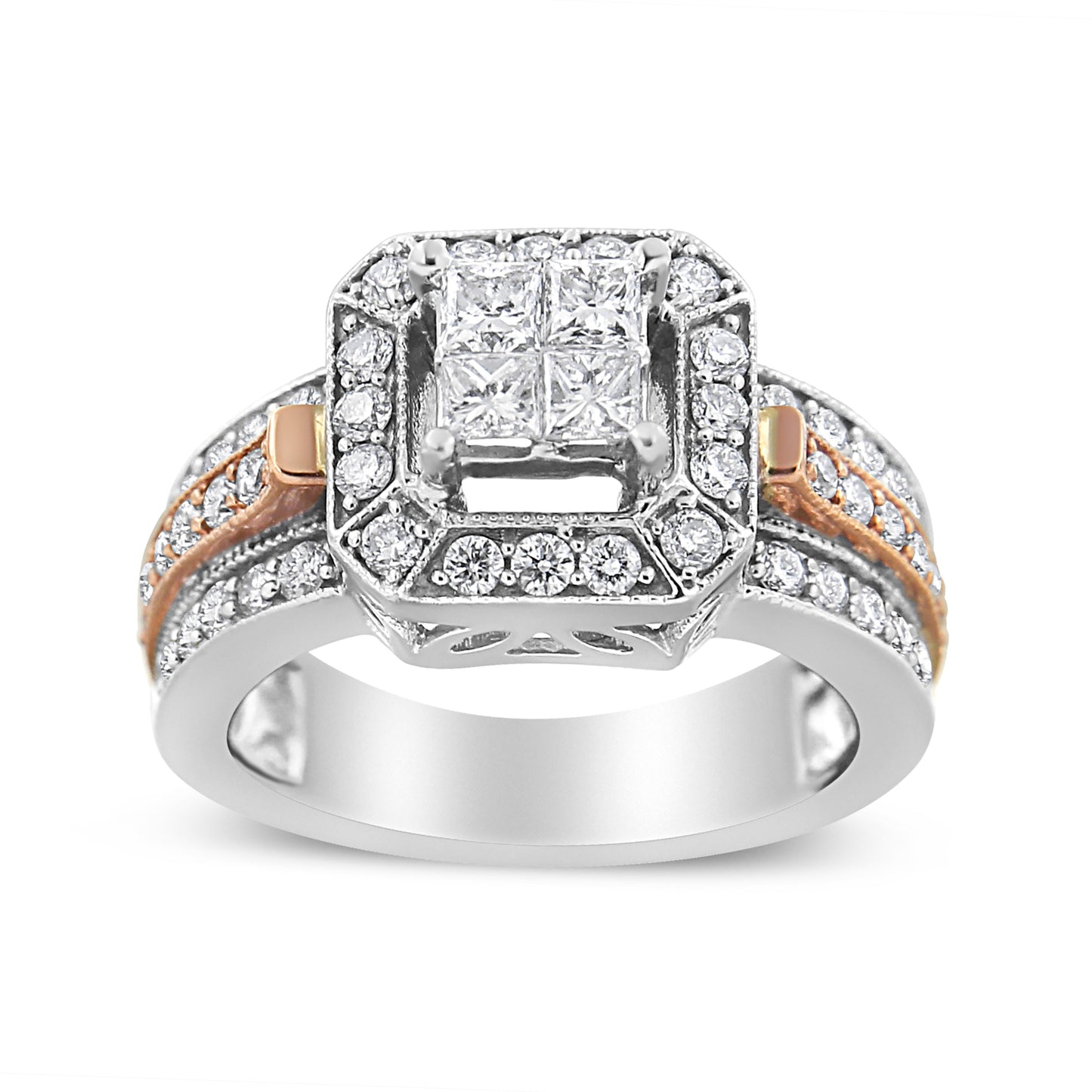 14K White and Rose Gold 1 1/8 Cttw Princess and Round-Cut Diamond Art Deco Style Triple Shank Halo Cocktail Ring (I-J Color, SI2-I1 Clarity) - Size 7 Bids.com