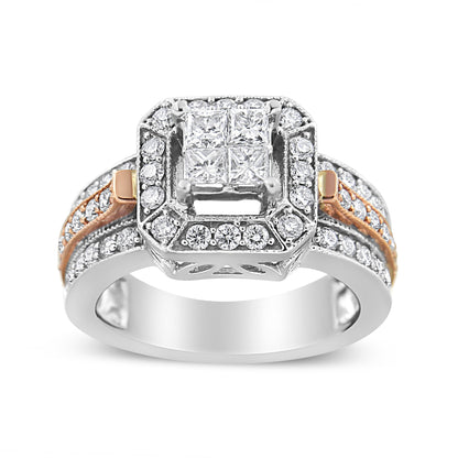 14K White and Rose Gold 1 1/8 Cttw Princess and Round-Cut Diamond Art Deco Style Triple Shank Halo Cocktail Ring (I-J Color, SI2-I1 Clarity) - Size 7 Bids.com