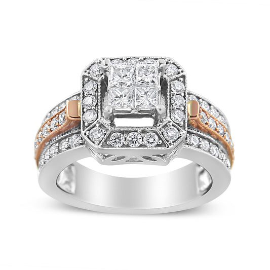 14K White and Rose Gold 1 1/8 Cttw Princess and Round-Cut Diamond Art Deco Style Triple Shank Halo Cocktail Ring (I-J Color, SI2-I1 Clarity) - Size 7 Bids.com