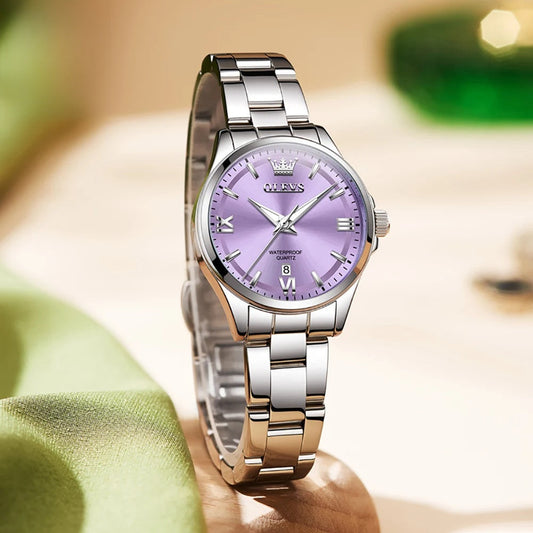 Women's Stainless Steel Watch Purple Dial Luminous Date BandsCo Straps
