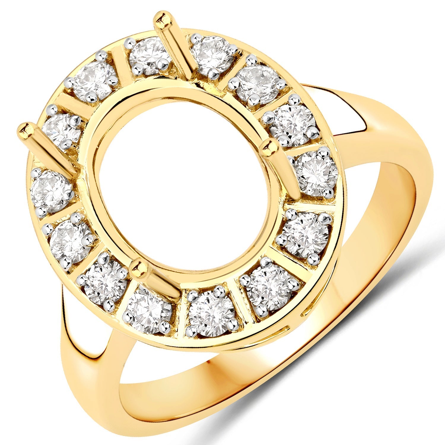 0.42 Carat Genuine White Diamond 14K Yellow Gold Semi Mount Ring - holds 11x9mm Oval Gemstone Bids.com