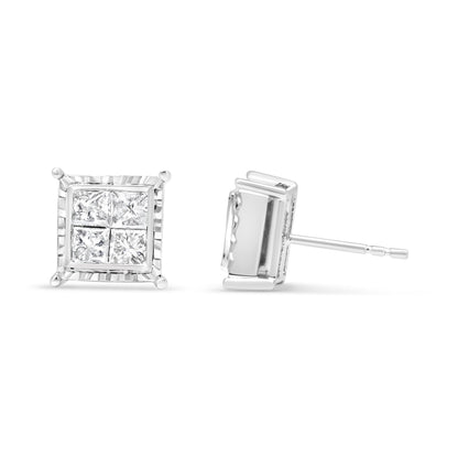14K White Gold 1 1/2 Cttw Invisible Set Princess-Cut Diamond Contemporary Wavy Quad Stud Earrings (I-J Color, I1-I2 Clarity) Bids.com