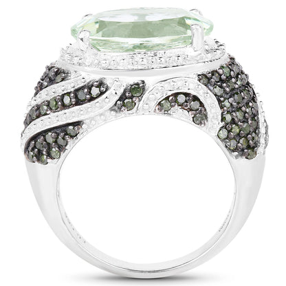 5.98 Carat Genuine Green Amethyst & Green Diamond .925 Sterling Silver Ring Bids.com