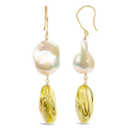 14K Yellow Gold Citrine and Baroque Pearl Drop and Dangle Earrings 1 3/4 Inch Dangle Bids.com