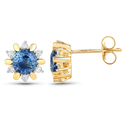 1.87 Carat Genuine Blue Sapphire and White Diamond 14K Yellow Gold Earrings Bids.com