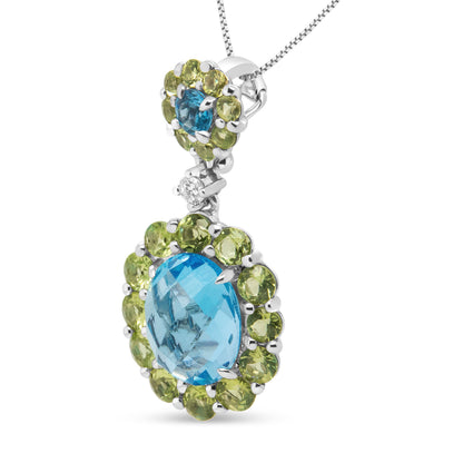 18k White Gold 0.05 Cttw Round Diamond and Blue Topaz and Green Peridot Gemstone Halo Drop 18" Pendant Necklace (F-G Color, VS1-VS2 Clarity) Bids.com