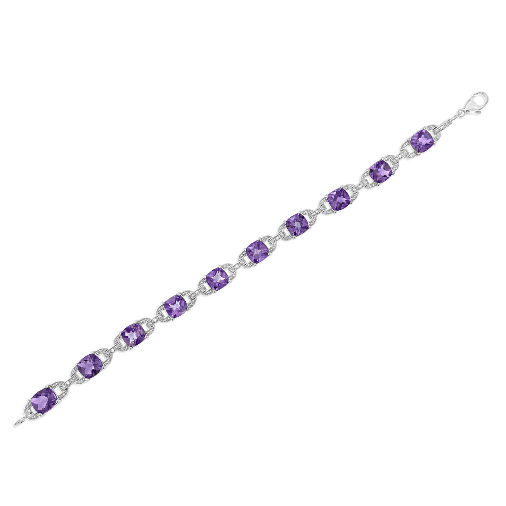 .925 Sterling Silver 7mm Cushion Cut Amethyst Gemstone and Diamond Tennis Link Bracelet (I-J Color, I1-I2 Clarity) - Size 7" Bids.com