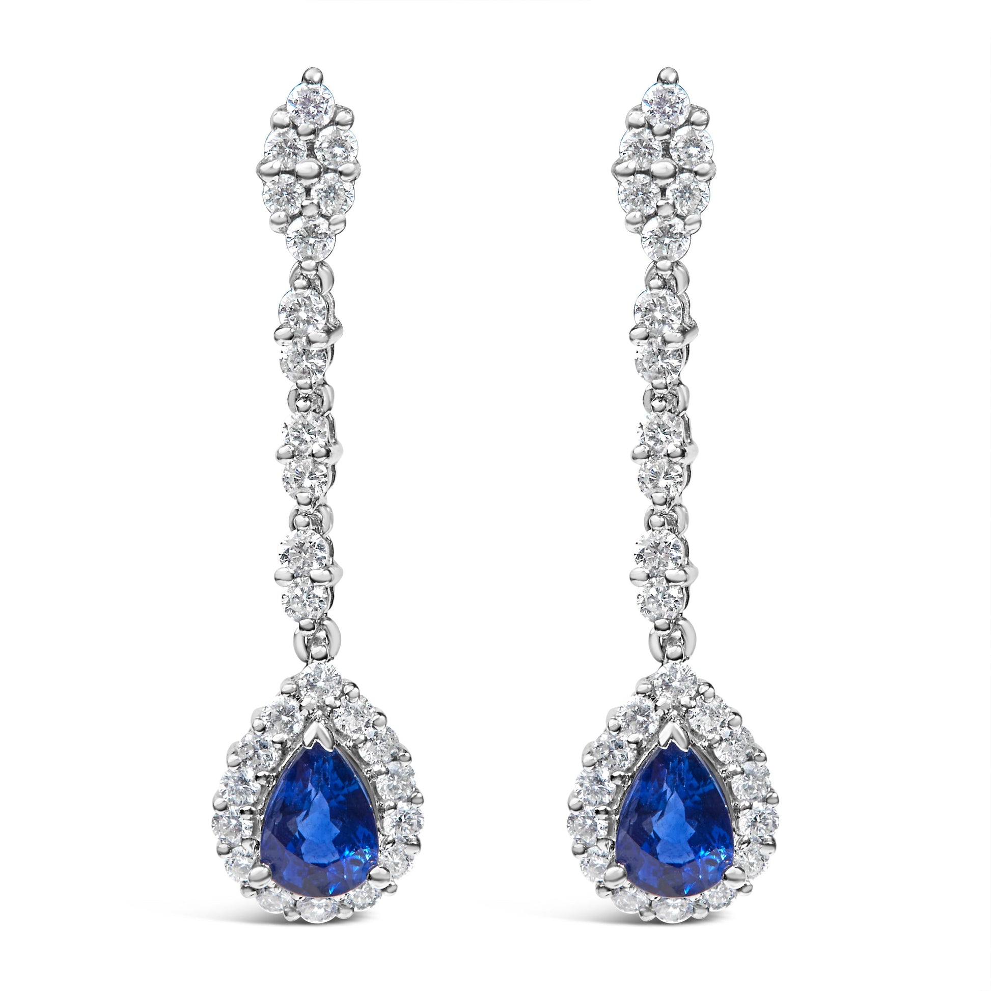 18K White Gold 1 3/5 Cttw Diamond and 7X5 MM Pear Shaped Blue Sapphire 1 1/3 Inch Drop and Dangle Halo Earrings (G-H Color, VS1-VS2 Clarity) Bids.com