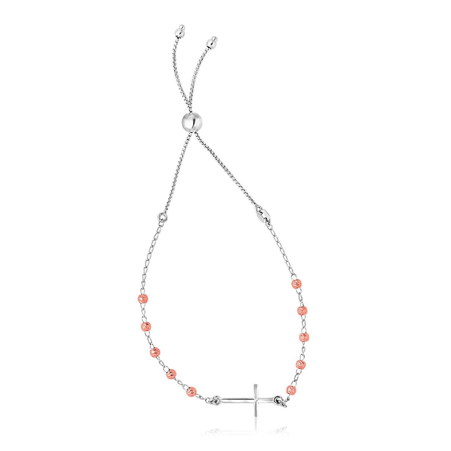 Sterling Silver White and Rose Finish Adjustable Bracelet with Cross Bids.com