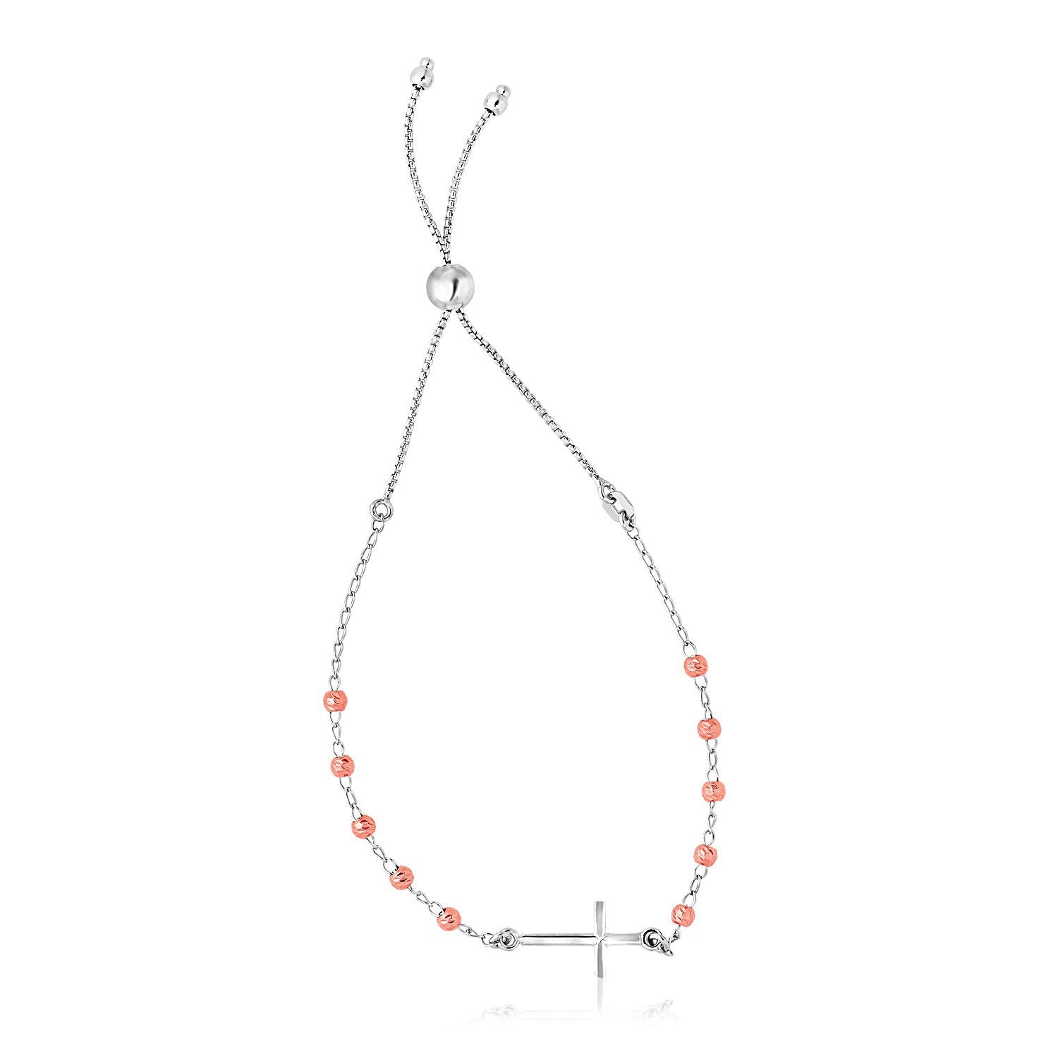 Sterling Silver White and Rose Finish Adjustable Bracelet with Cross Bids.com