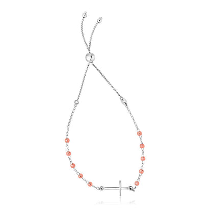 Sterling Silver White and Rose Finish Adjustable Bracelet with Cross Bids.com