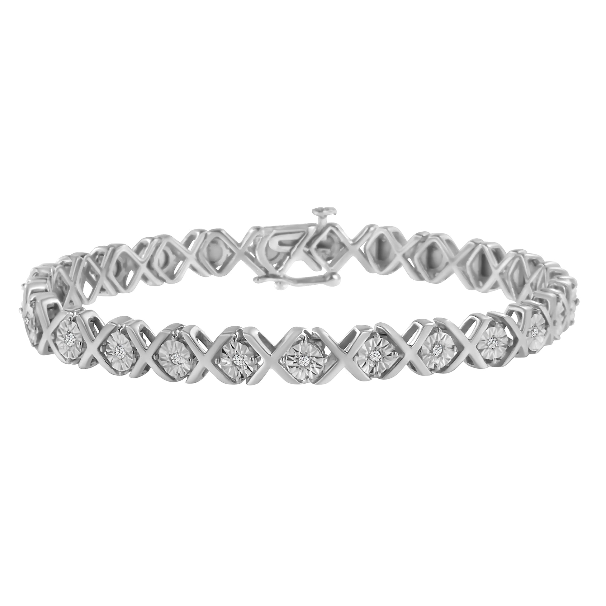 .925 Sterling Silver 1/10 cttw Miracle-Set Round-Cut Diamond "X" Link Tennis Bracelet (I-J color, I2-I3 clarity) - 7.25" Bids.com