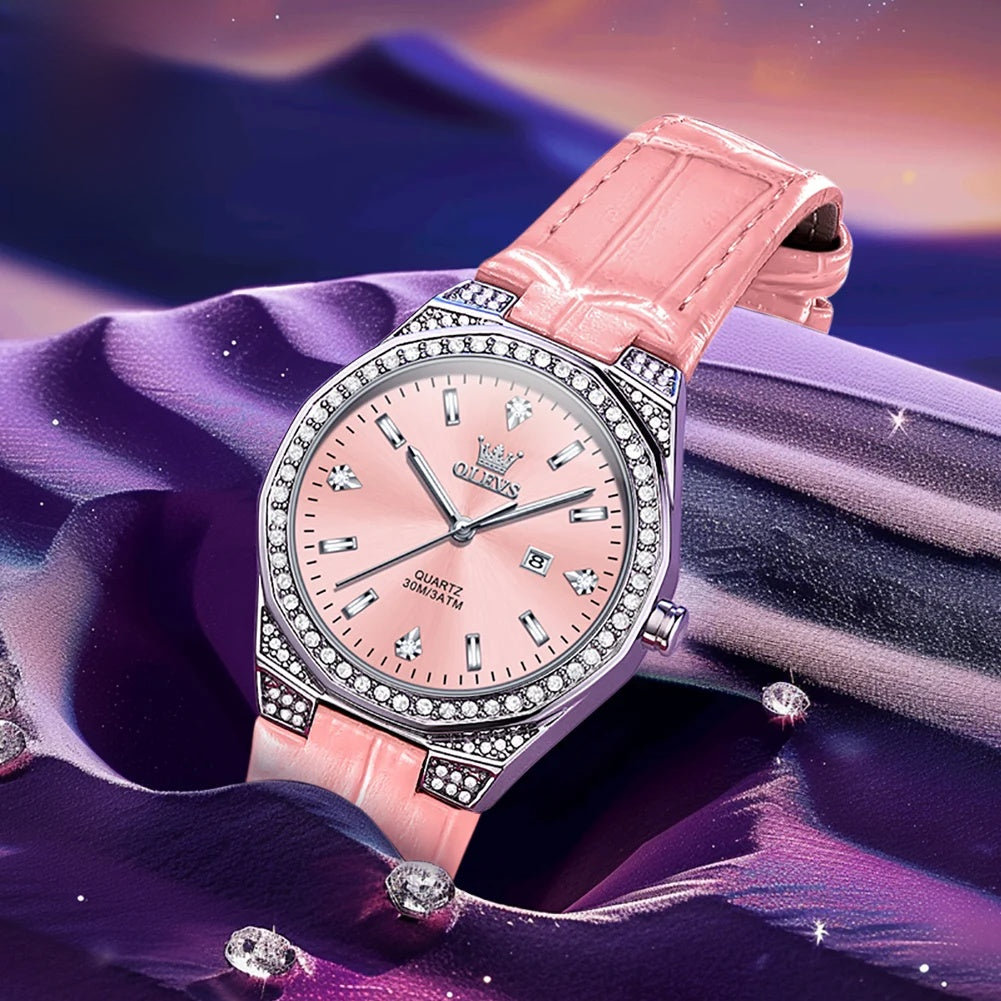 Women's Leather Strap Crystal Bezel Watch Rose Gold Luxury BandsCo Straps