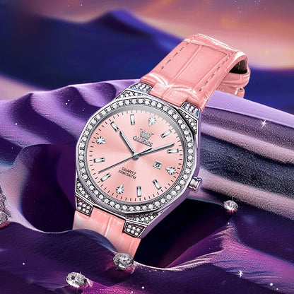 Women's Leather Strap Crystal Bezel Watch Rose Gold Luxury BandsCo Straps