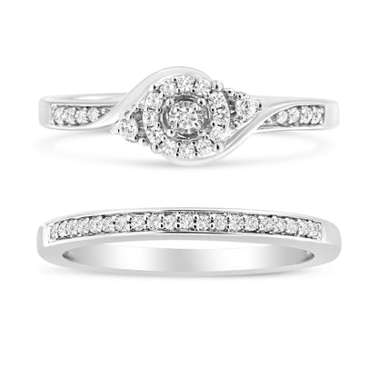 .925 Sterling Silver 1/4 Cttw Diamond Halo and Swirl Engagement Ring and Wedding Band Set (I-J Color, I3 Clarity)- Ring Size 7 Bids.com