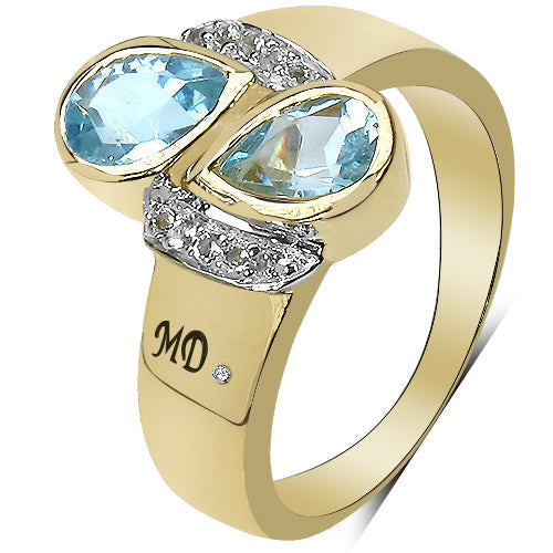 14K Yellow Gold Plated 1.86 Carat Genuine Blue Topaz, White Topaz & White Diamond .925 Sterling Silver Ring Bids.com