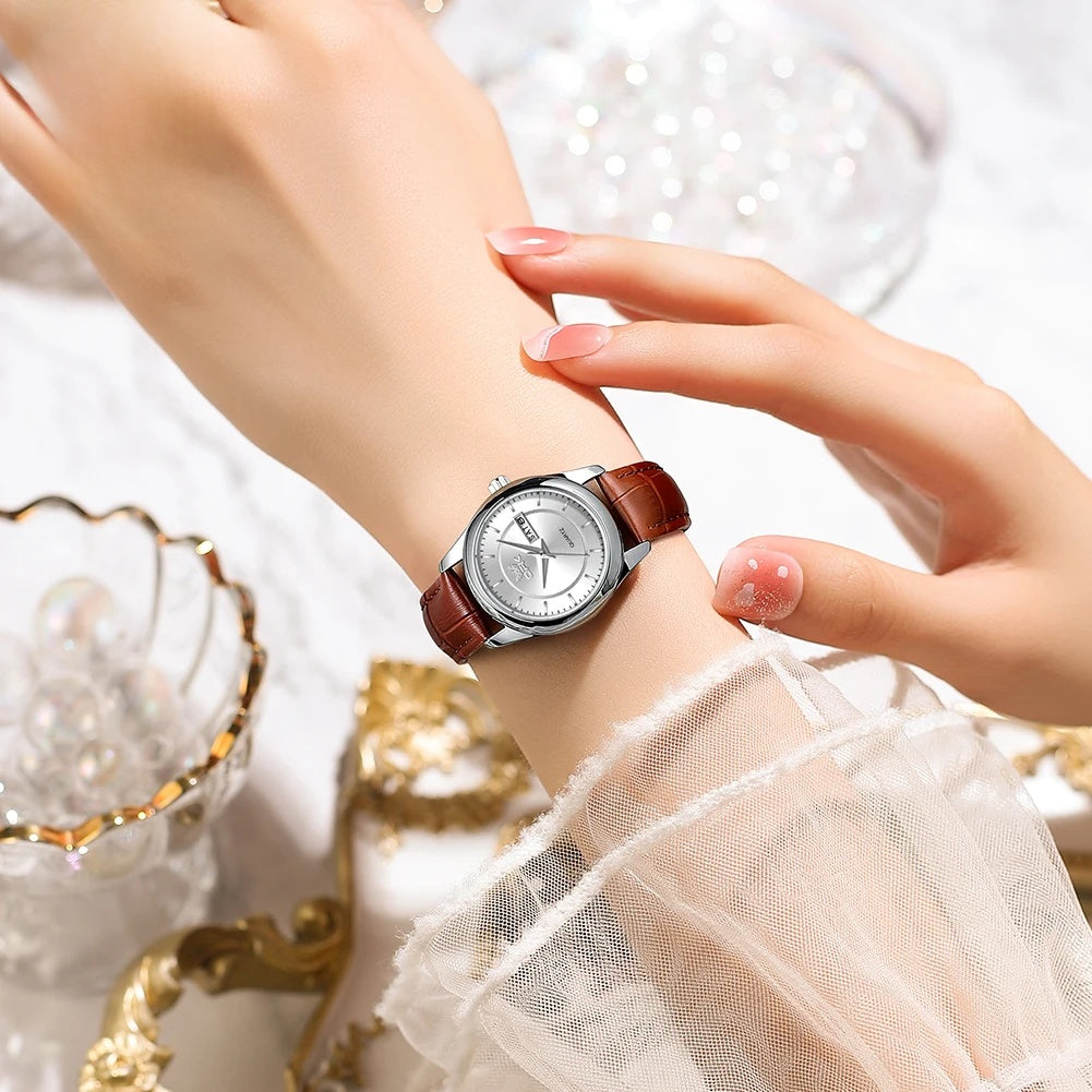 Women's Leather Strap Quartz Watch Silver Case Dual Day BandsCo Straps
