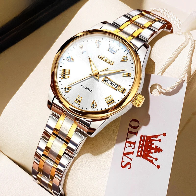 Women's Gold Stainless Steel Quartz Watch Dual Calendar BandsCo Straps