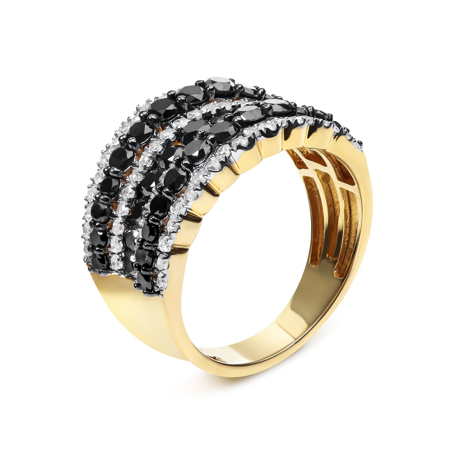 14K Yellow Gold Plated .925 Sterling Silver 1 3/4 Cttw Treated Black and White Alternating Diamond Multi Row Band Ring (Black / I-J Color, I2-I3 Clarity) - Size 7 Bids.com