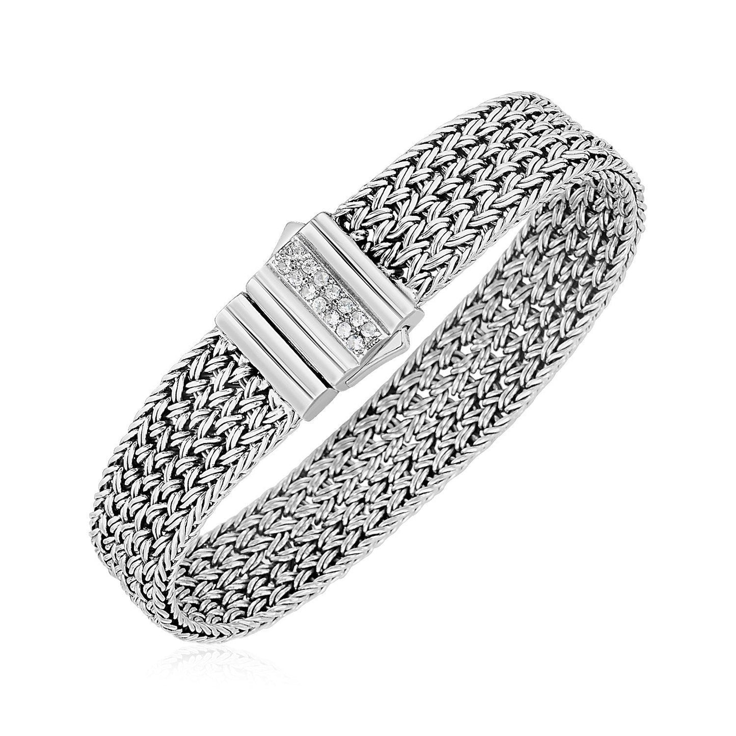 Woven Rope Bracelet with White Sapphire Accented Clasp in Sterling Silver Bids.com