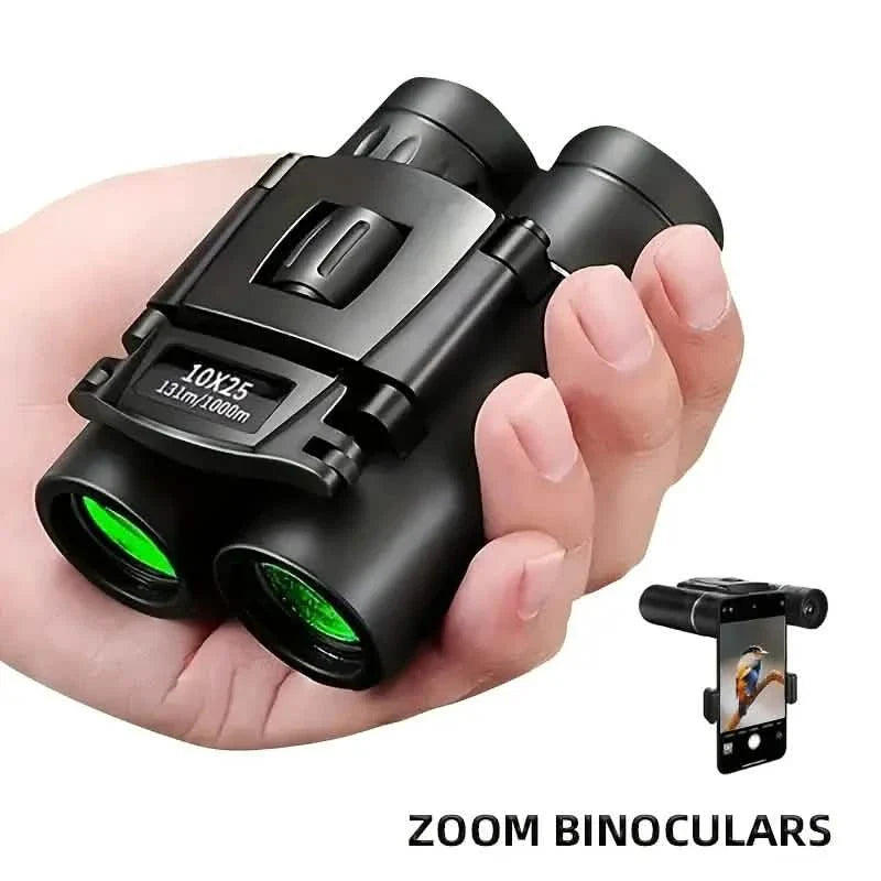High Powered Mini Pocket Binoculars 10x25 with Phone Adapter – Compact, Lightweight, Portable – Black DailySale